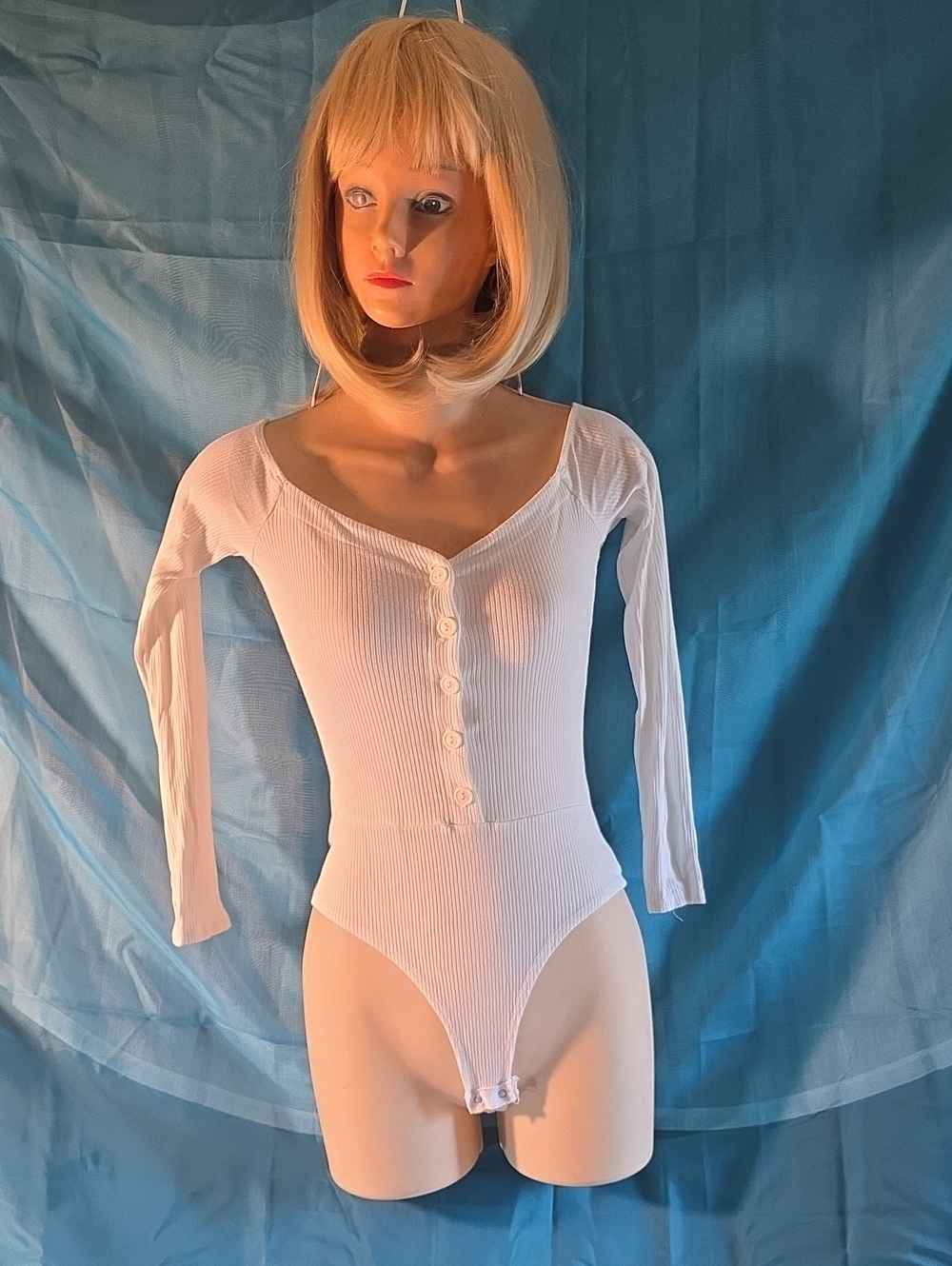 White Ribbed Long-Sleeve Henley Bodysuit